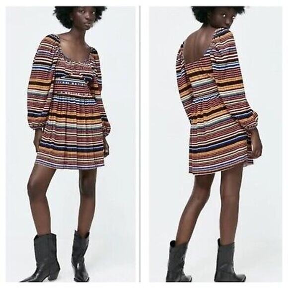 NWT Rainbow Zara Sexy Stripe Bishop Sleeve Mini Dress Small Blogger Favorite - Picture 1 of 9